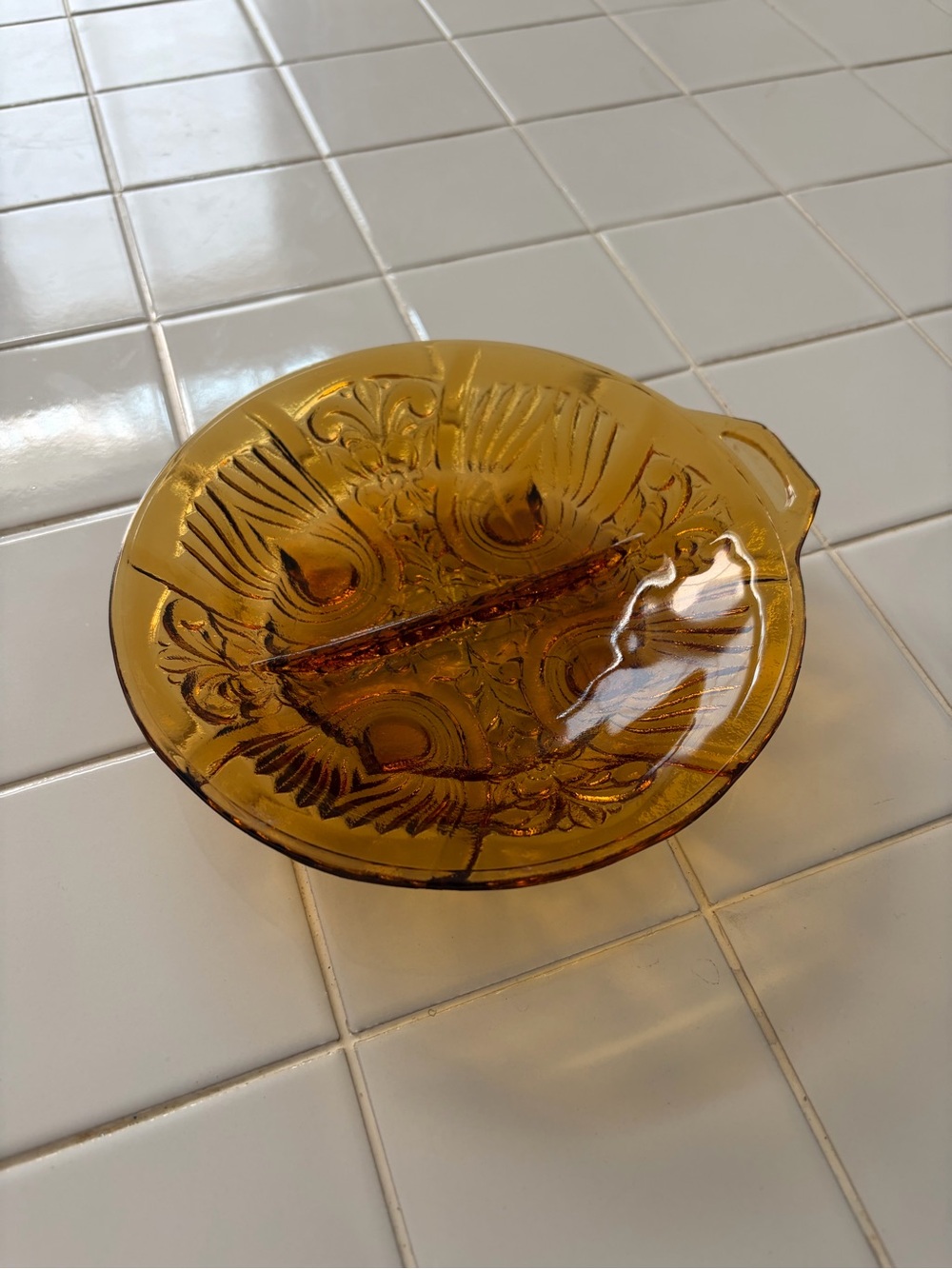 Vintage Indiana Amber Glass Divided Relish Dish with Killarney Pattern